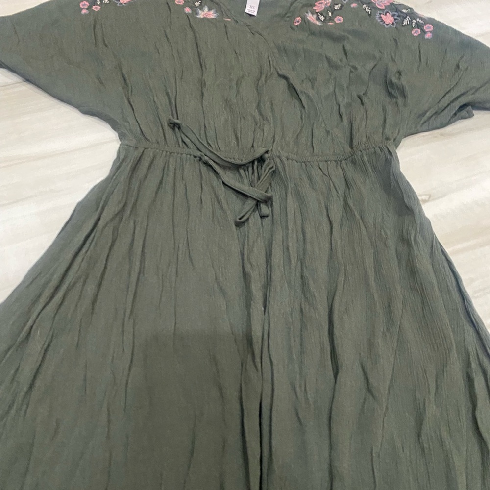 Knox Rose Olive Green Floral Embroidered Boho Dress XS Waist Tie 0189 - Picture 2 of 7